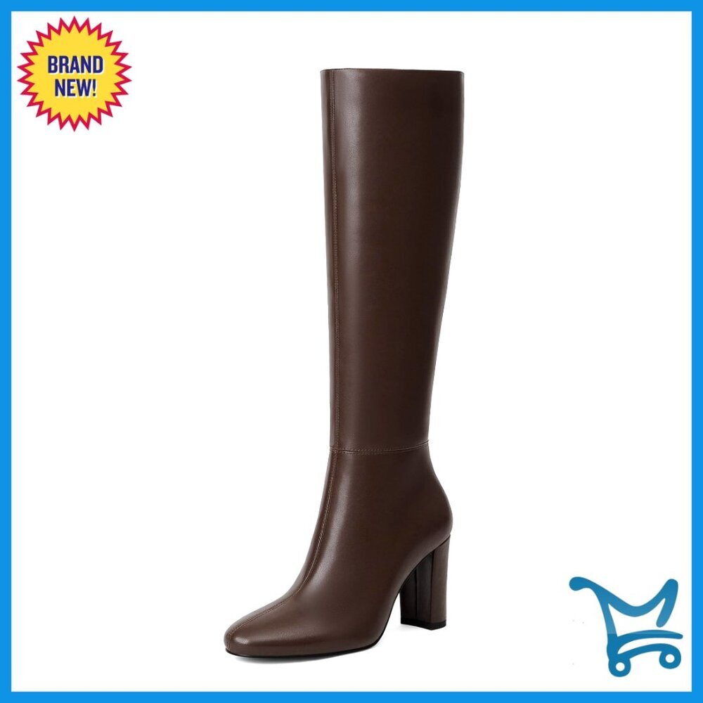 Knee High Boots Chunky Heel Rounded Toe PU Leather Tall Boots